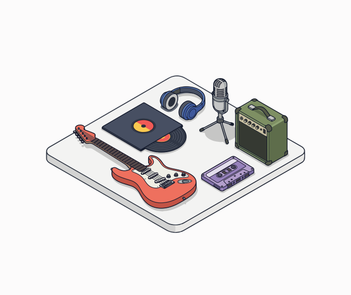 Musical instruments and audio equipment on a white surface.