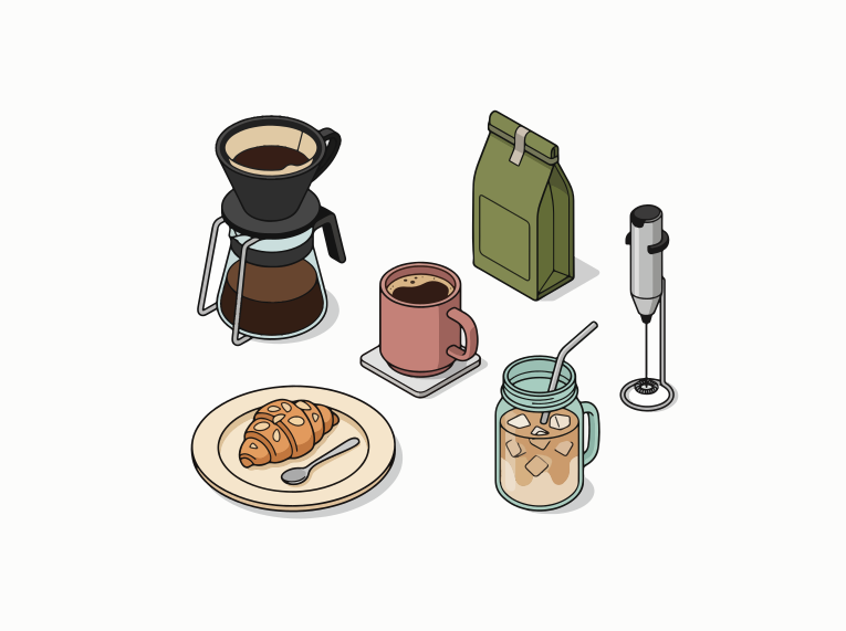 Coffee brewing equipment, cup, croissant, and iced coffee.