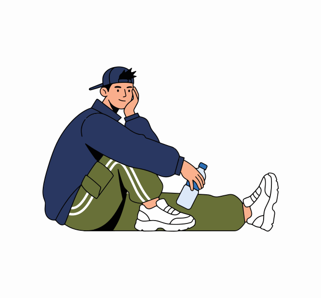 Young man in casual clothes sitting with water bottle.