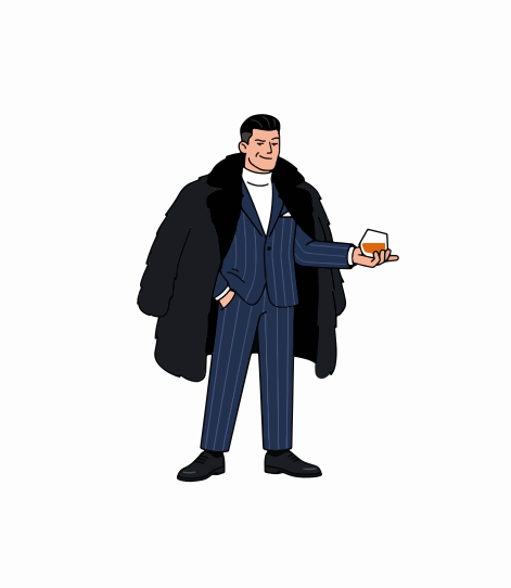 Homme en costume à rayures fines et manteau de fourrure tenant du whisky