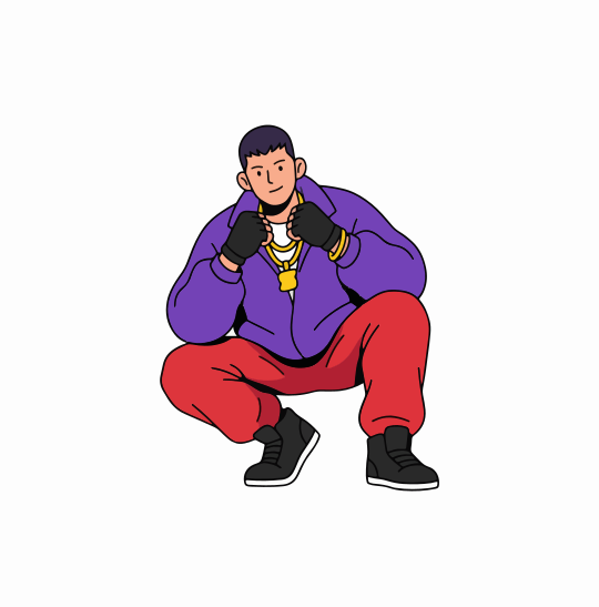 Man in purple jacket and red pants squats.