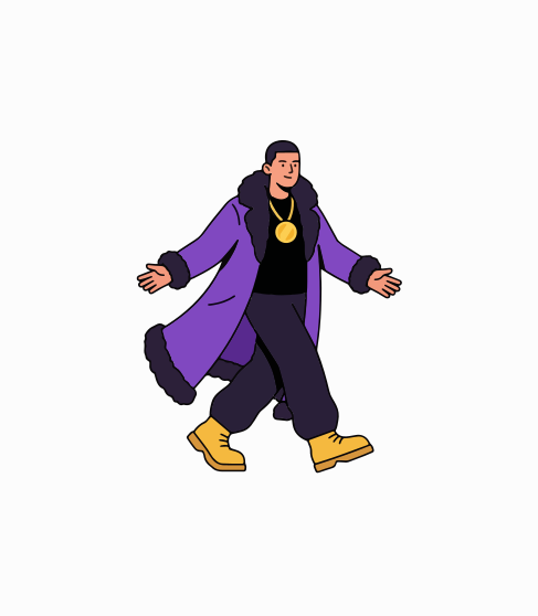 Ein Mann im lila Pelzmantel und goldener Kette geht selbstbewusst.