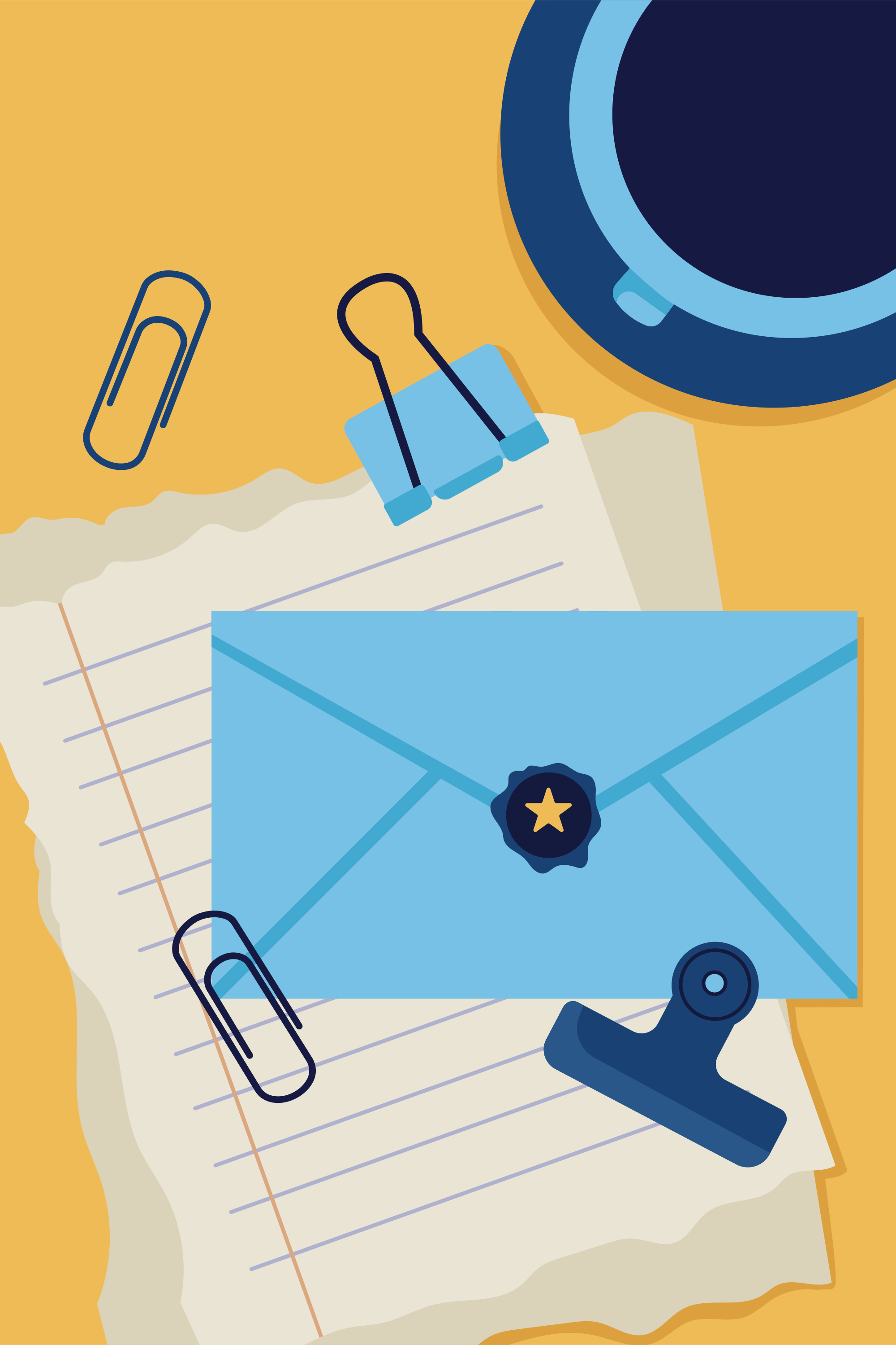 Blue envelope with wax seal on lined paper
