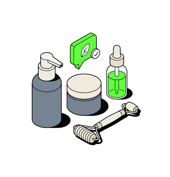 Skincare products with leaf icon and checkmark icon.