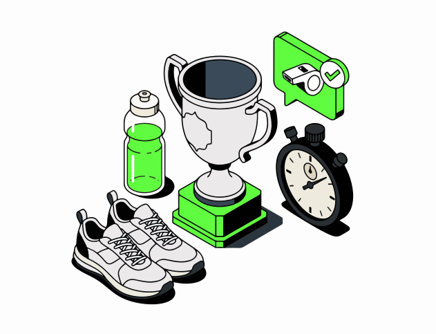 Sports trophy, shoes, water bottle, stopwatch, and whistle.