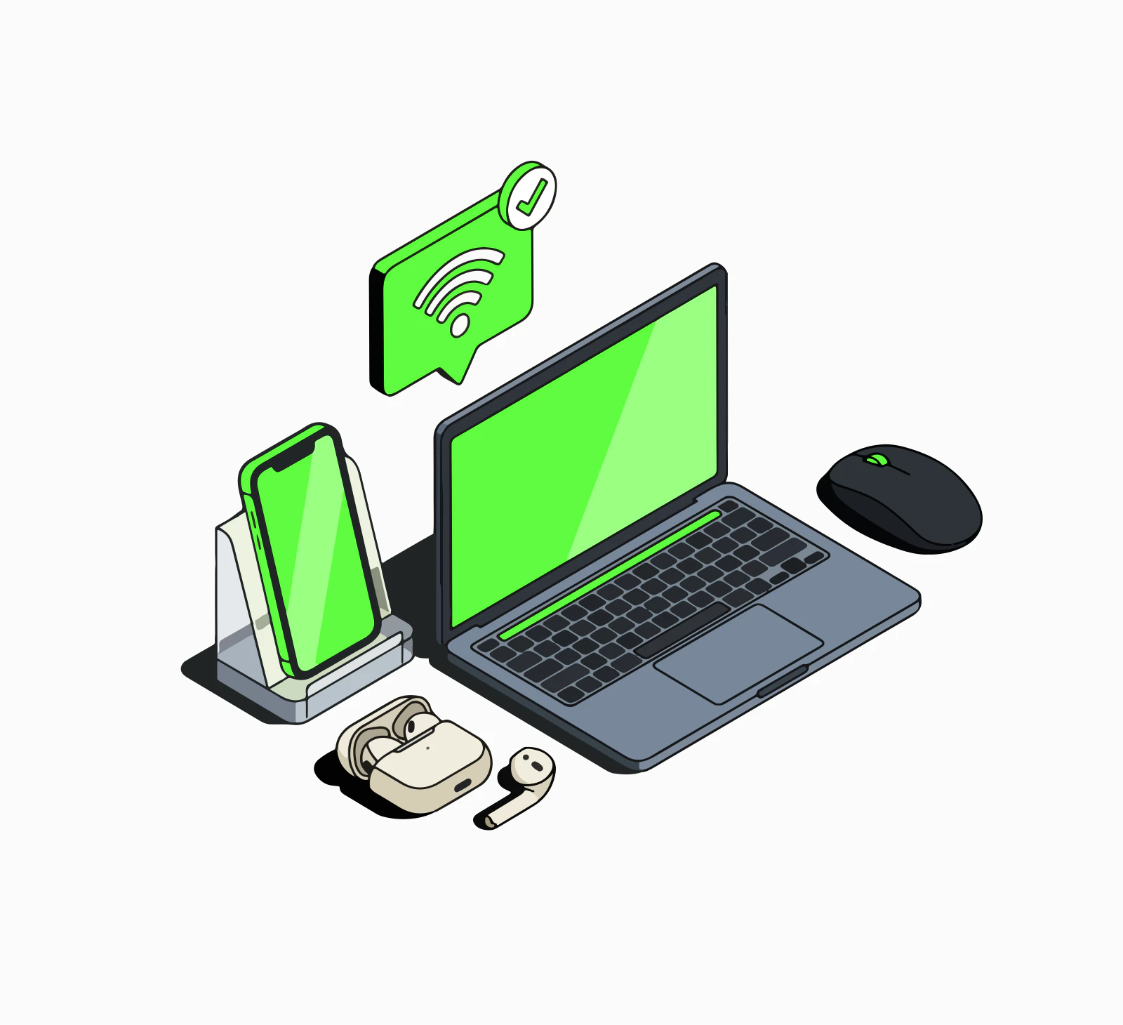 Ilustração de celular notebook e dispositivos conectados por Wi-Fi
