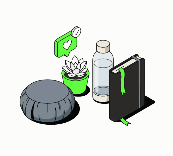 A meditation cushion, plant, water bottle, and notebook.