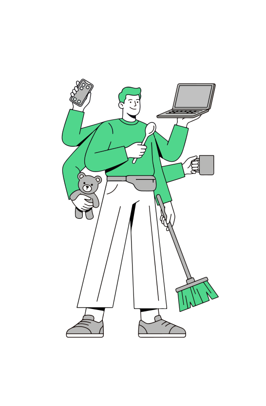 Multitasking man holding various objects and cleaning supplies.