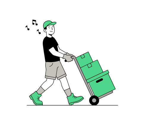 Repartidor empujando un carrito con cajas