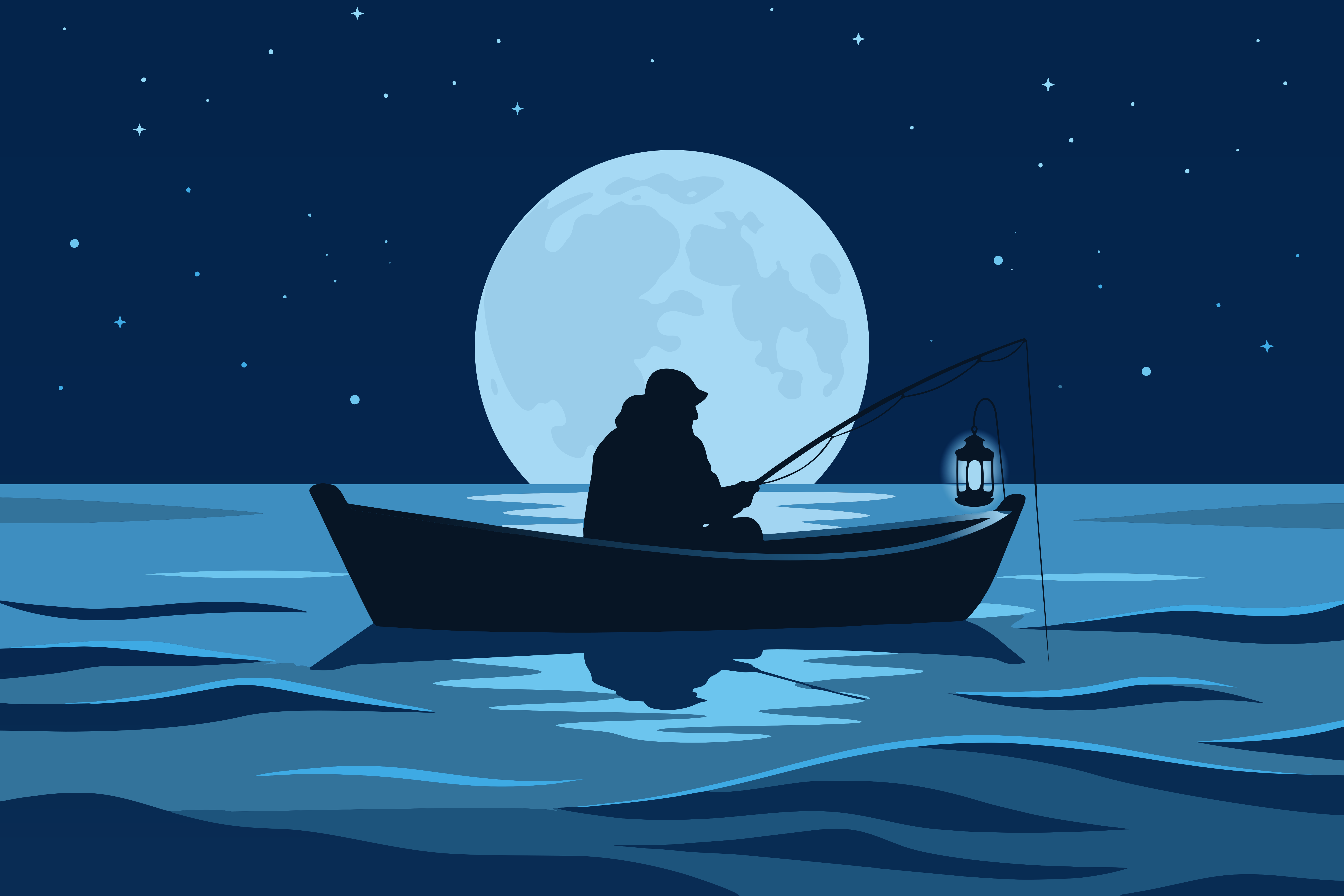 Pêcheur en bateau sous pleine lune la nuit