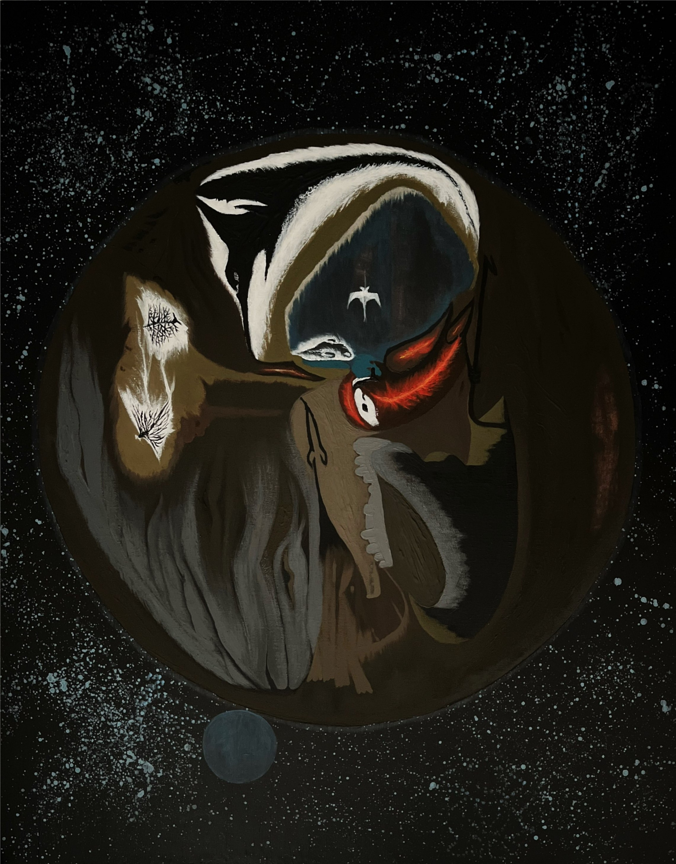 Pintura abstracta surrealista con formas oscuras y arremolinadas.