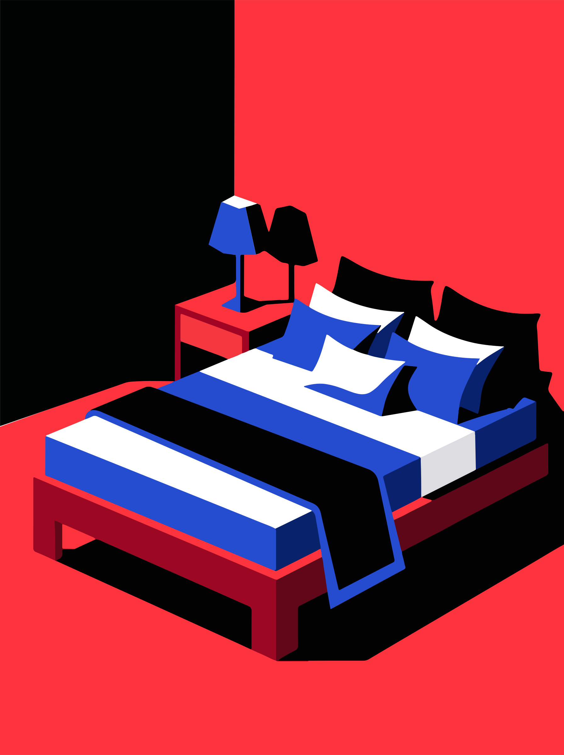 Dormitorio moderno con paredes rojas y ropa de cama a rayas.