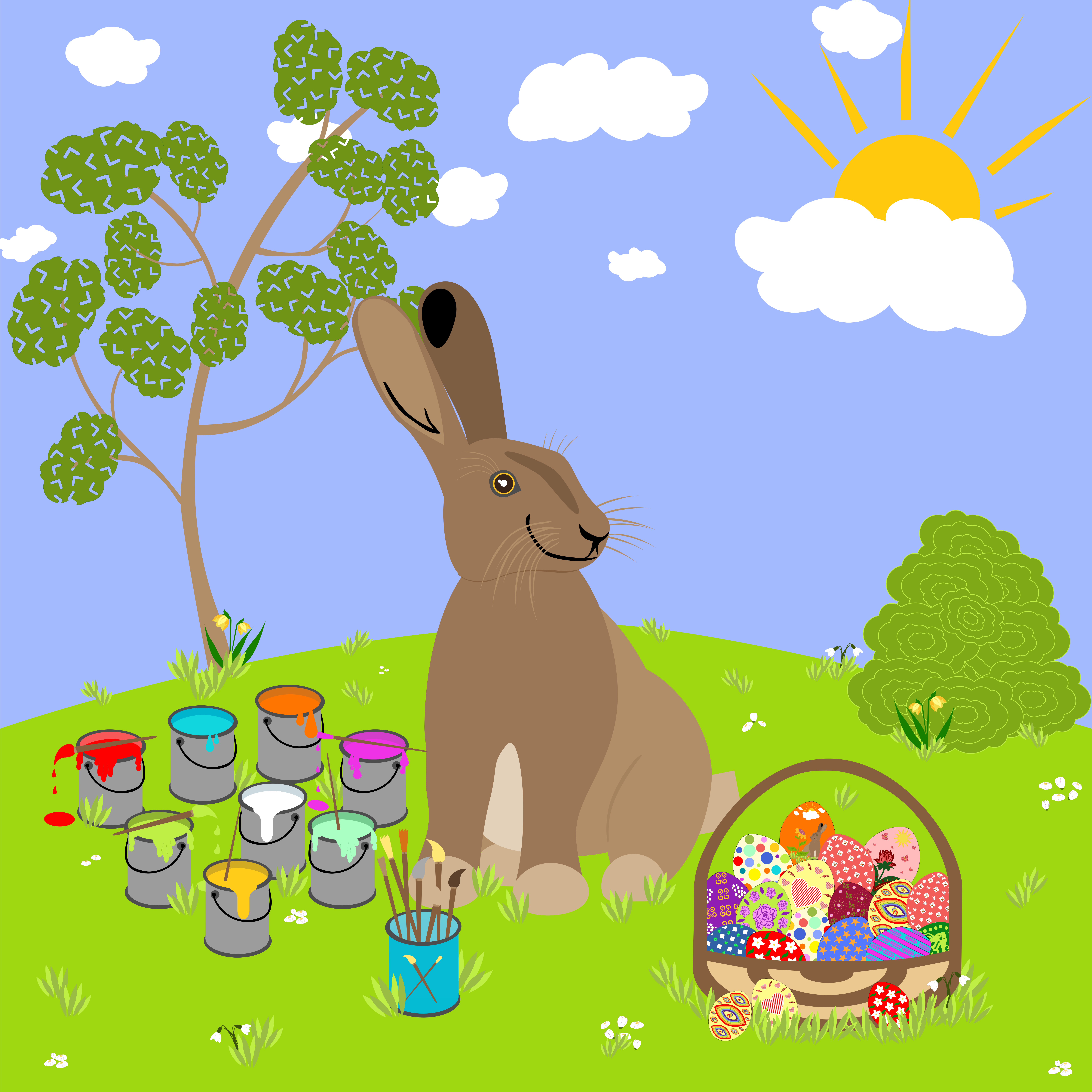 A rabbit sits by colorful easter eggs and paint pots.