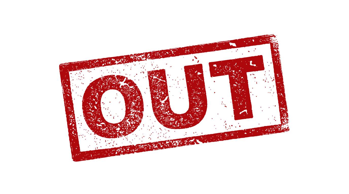 Red stamp with the word out on white background