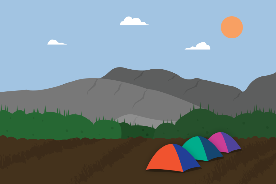 Drei bunte Zelte wurden auf einem Campingplatz mit Bergen aufgebaut.