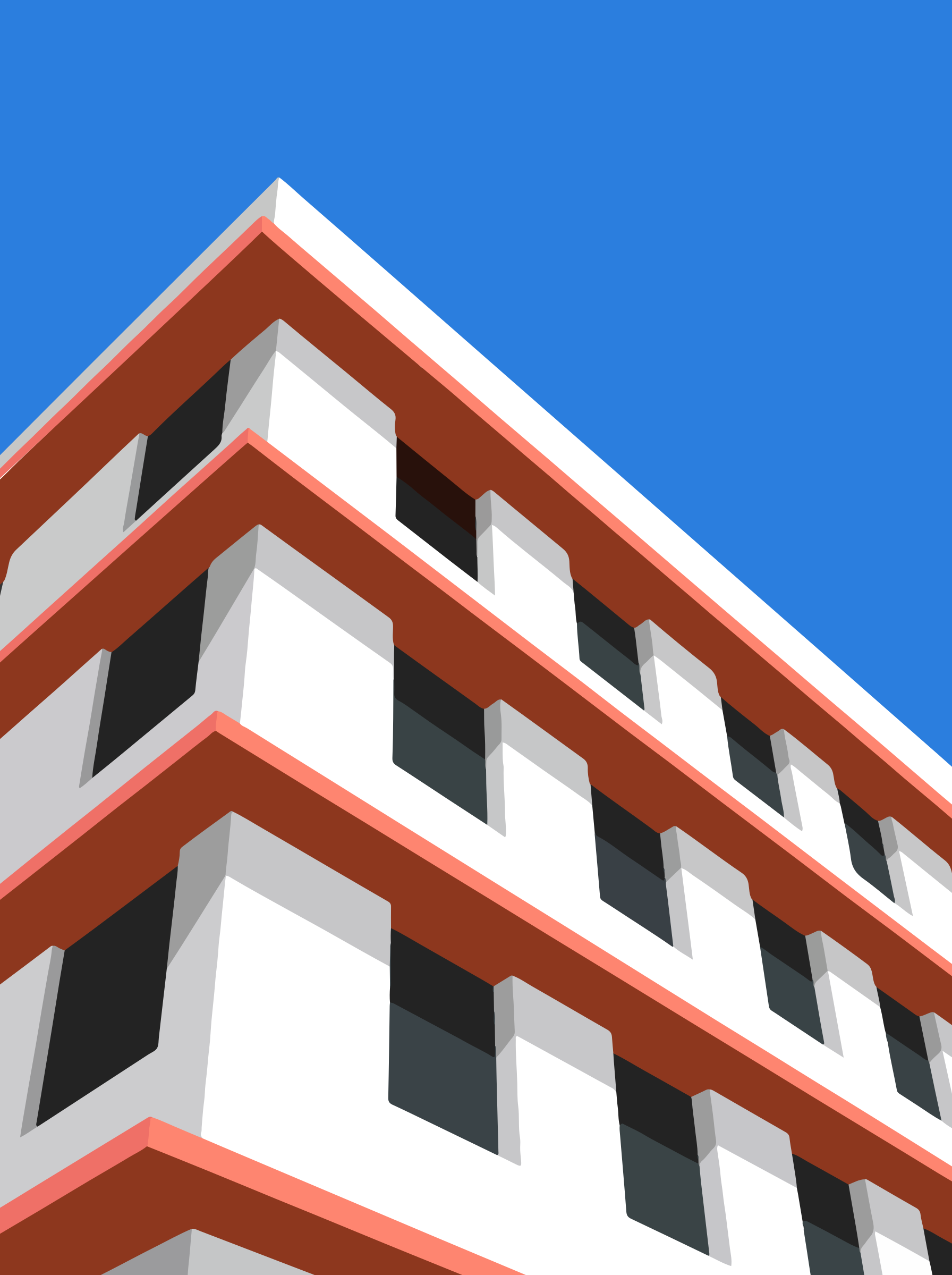 Modernes Gebäude mit orangefarbenen Zierleisten vor blauem Himmel