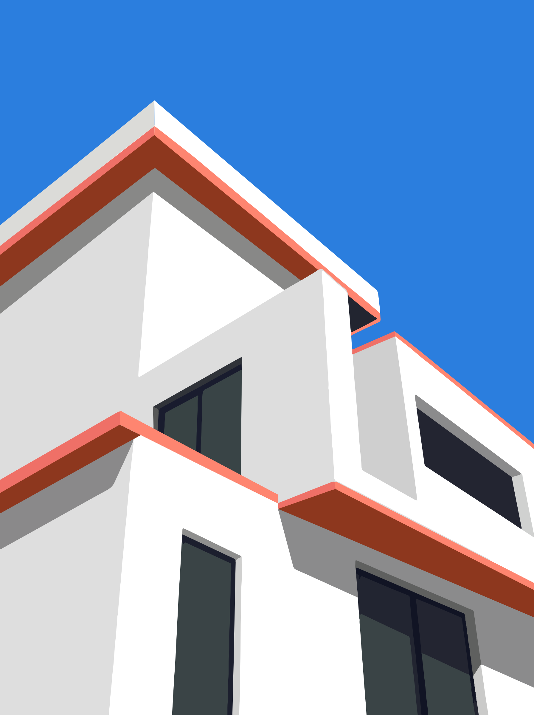 Modernes weißes Gebäude mit Korallenakzenten unter blauem Himmel