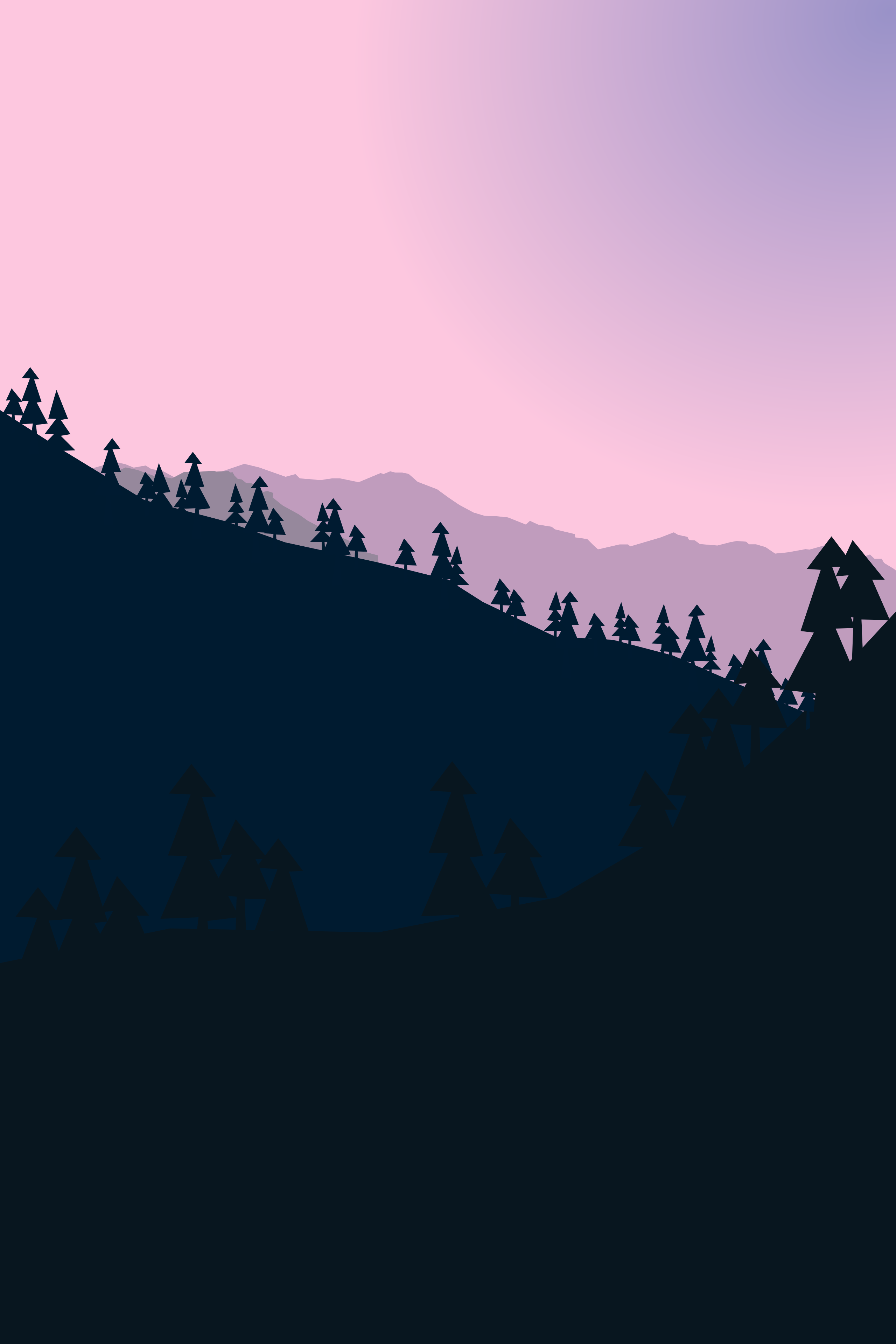 Minimalist mountain range with pine trees at sunset