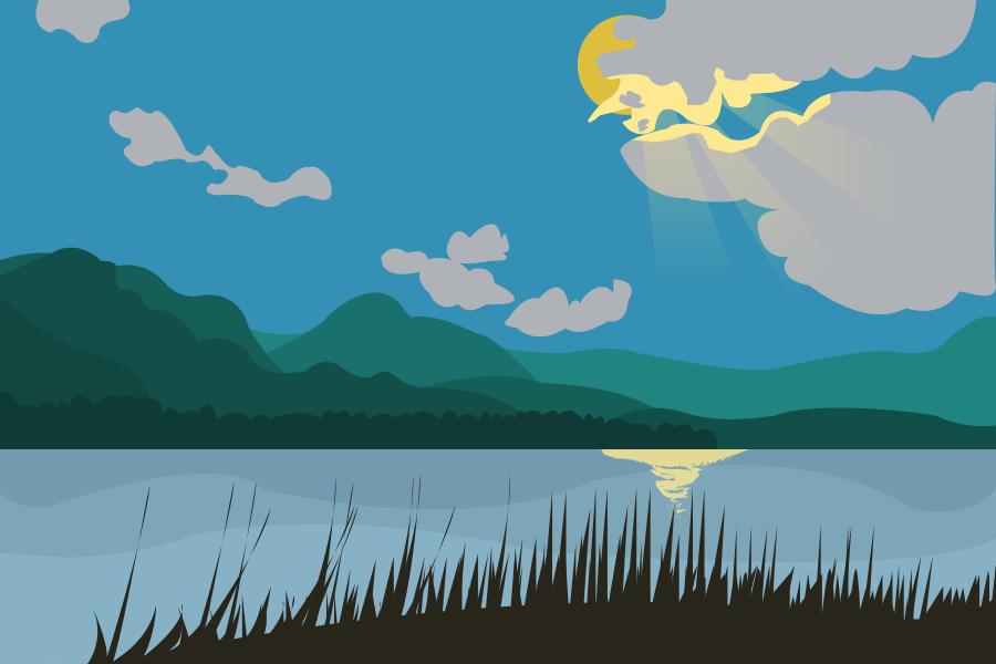 La luce della luna illumina le nuvole su un paesaggio sereno di lago.