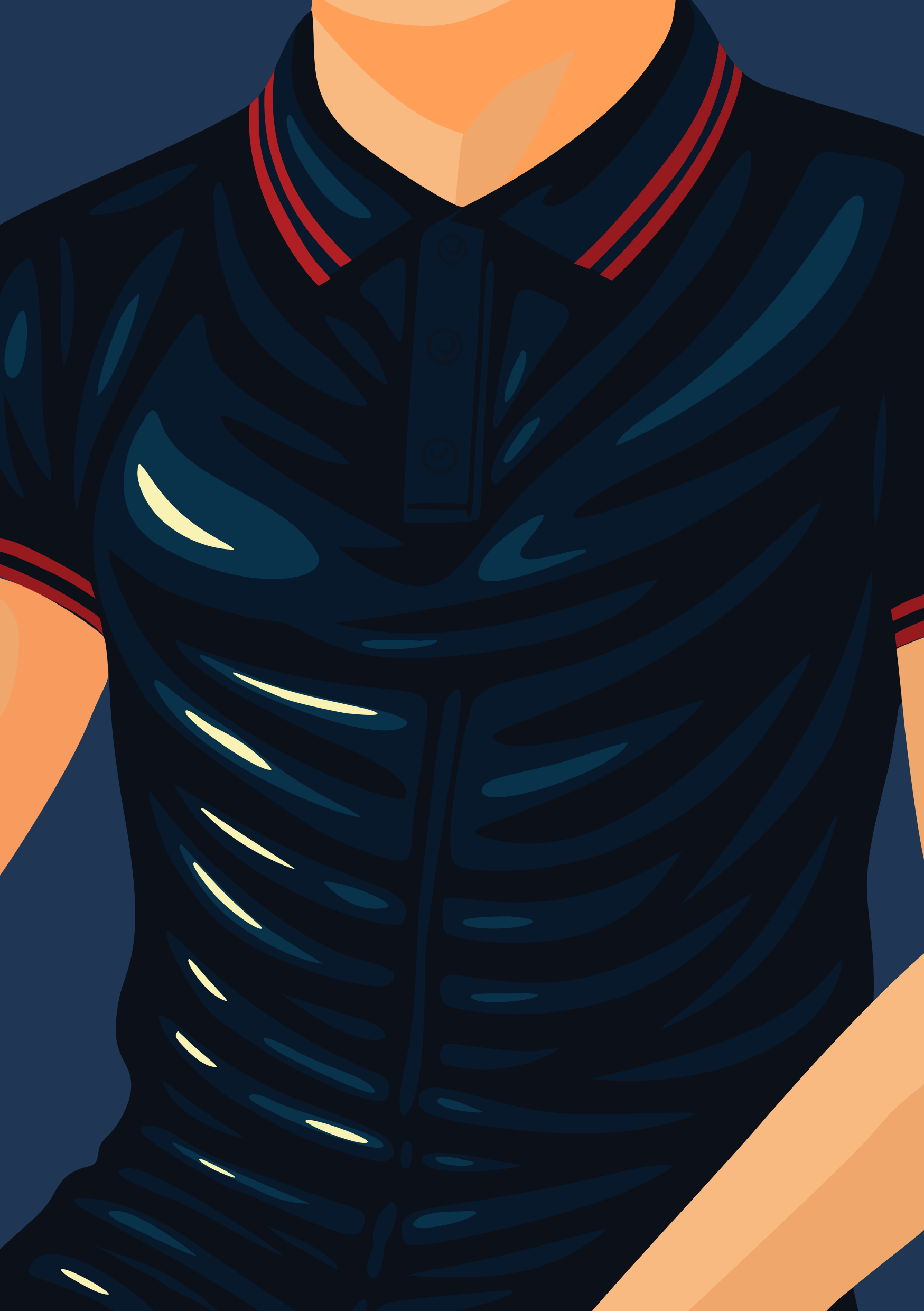 Man wearing a shiny black polo shirt with red stripes
