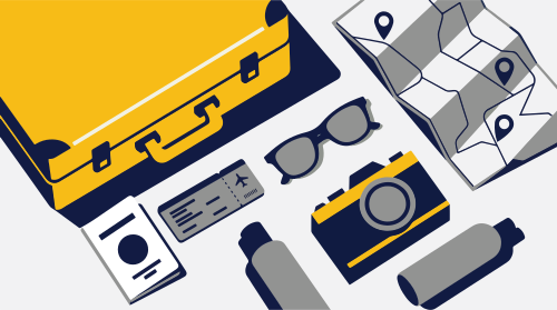 Travel essentials including suitcase, passport, and camera.