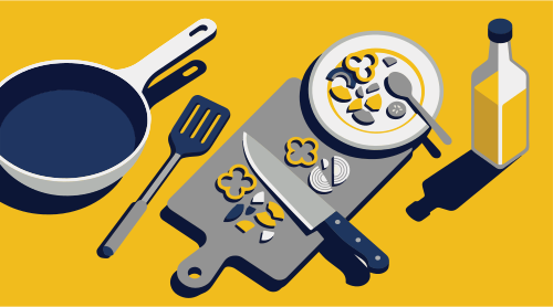Cooking ingredients and utensils on a yellow background.