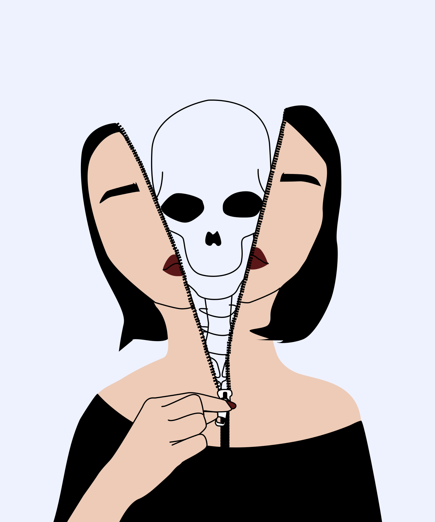 女性が顔のファスナーを下ろして頭蓋骨を見せる