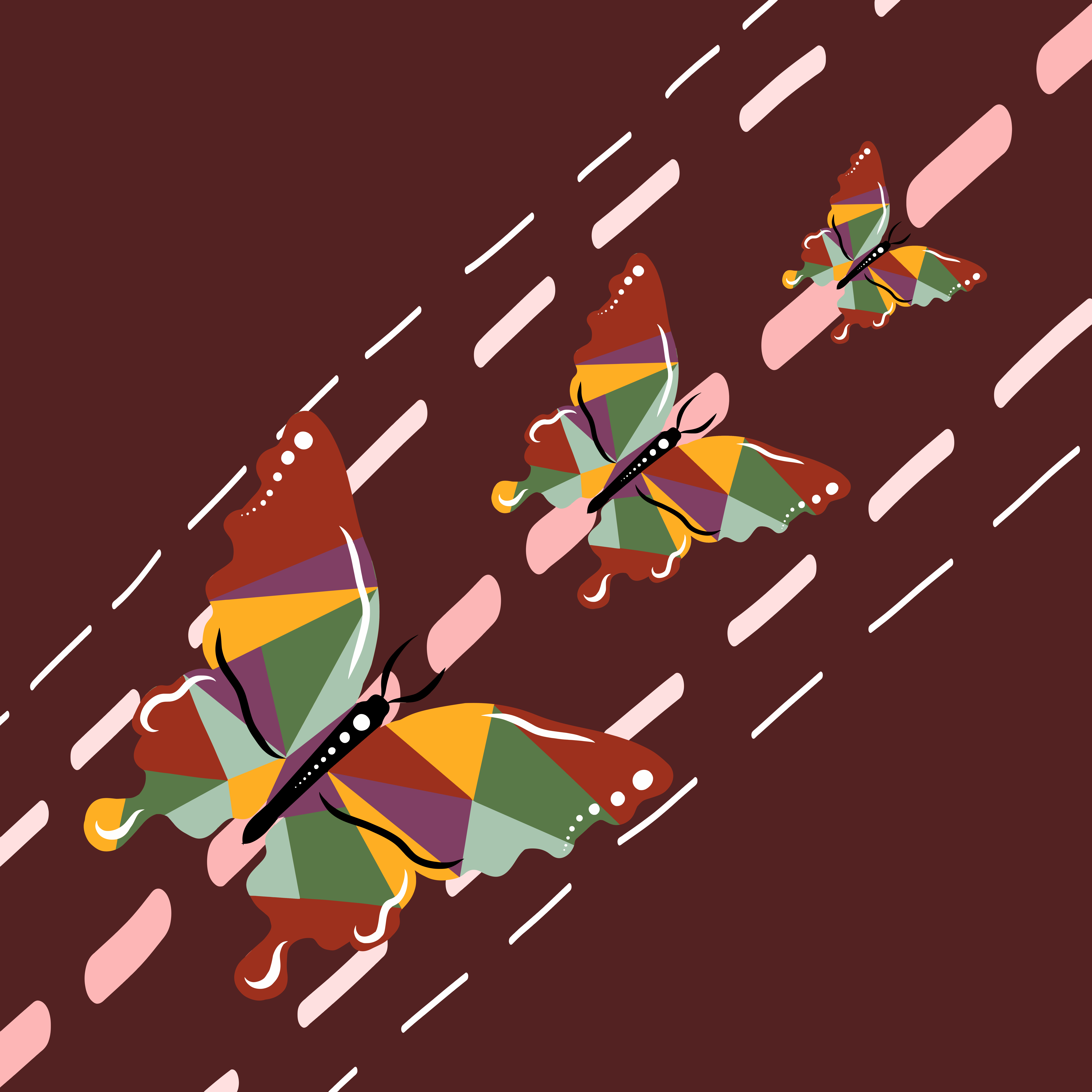 Three colorful abstract butterflies flying diagonally
