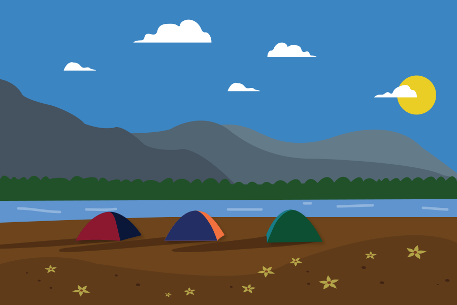 Three colorful tents set up by a river.