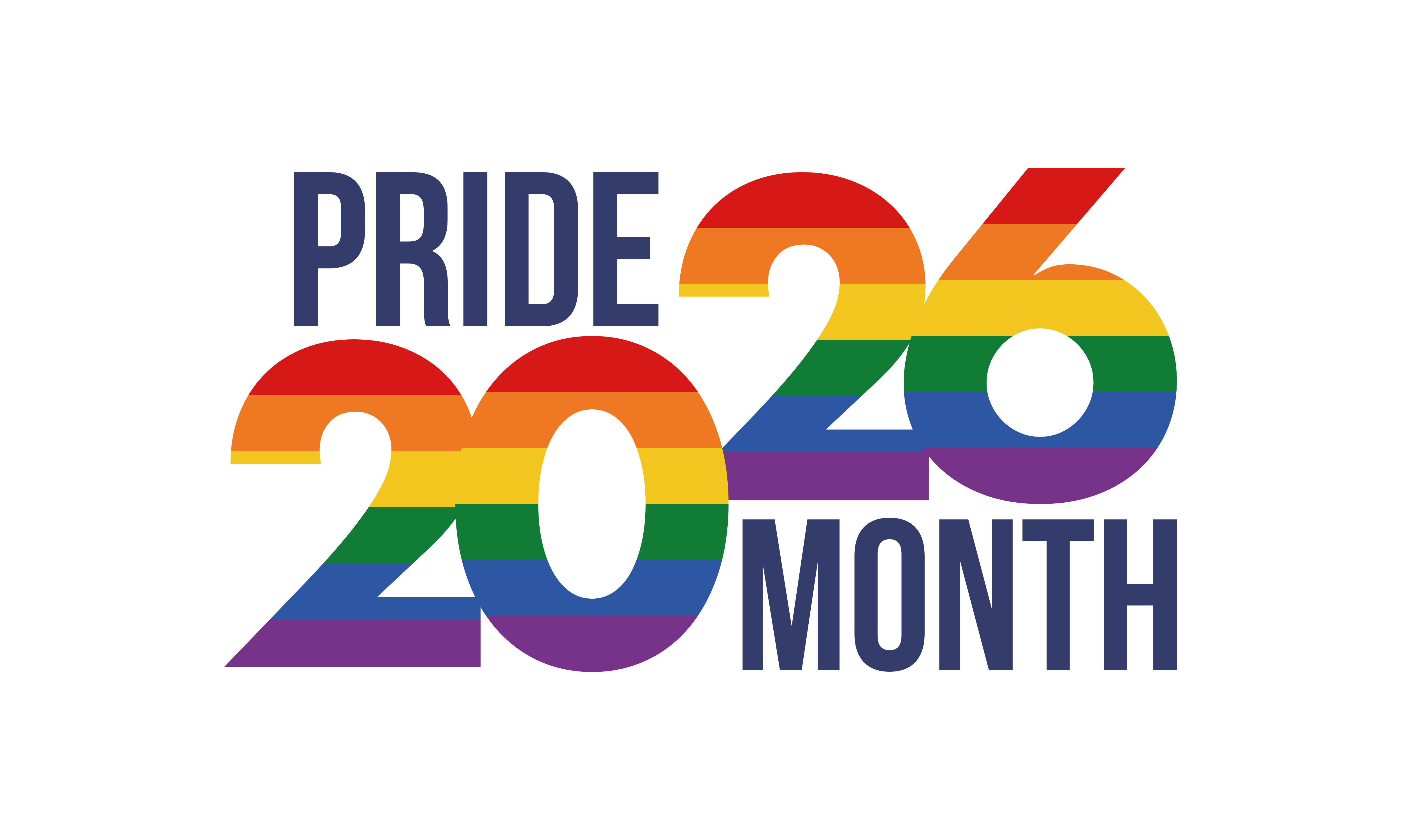 Pride month 2026 text with rainbow colors.