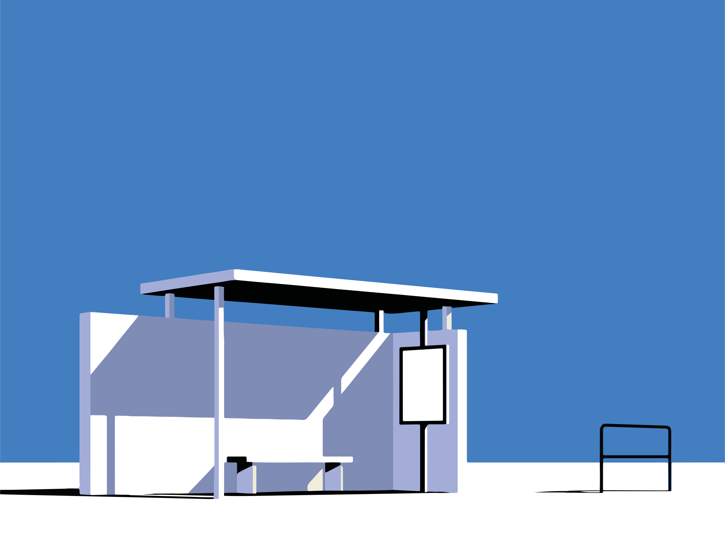 Bus stop shelter with bench under blue sky.