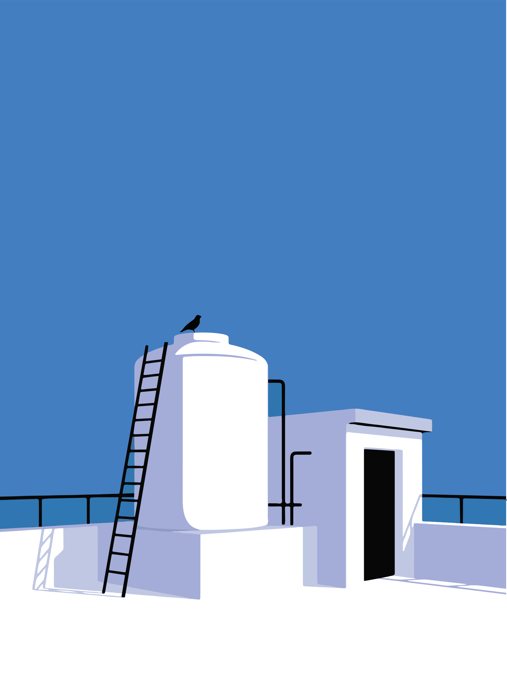A bird sits atop a water tank on a rooftop.