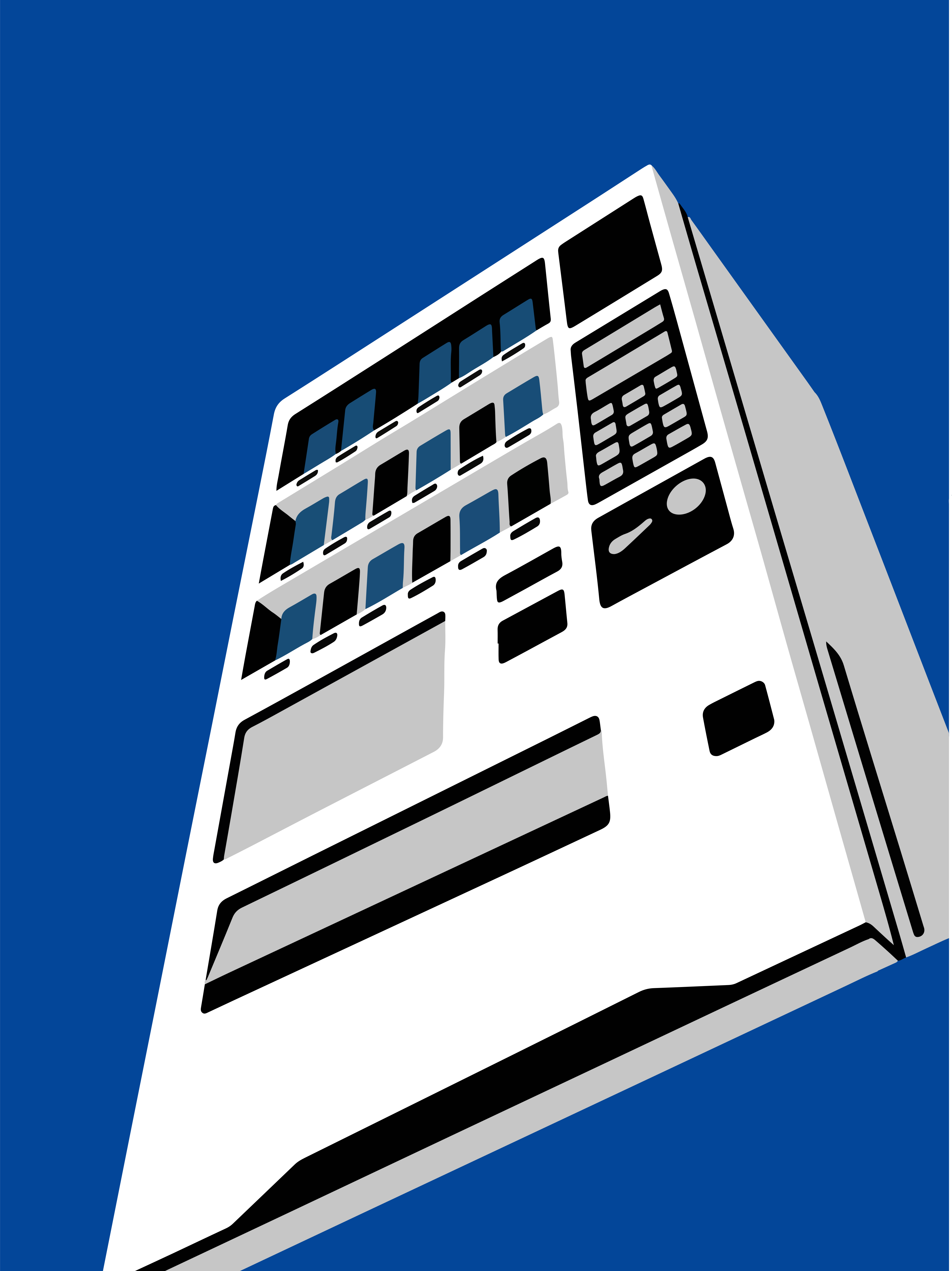 A white vending machine against a blue background.
