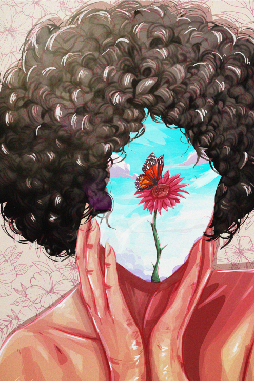 Woman with curly hair and flower with butterfly