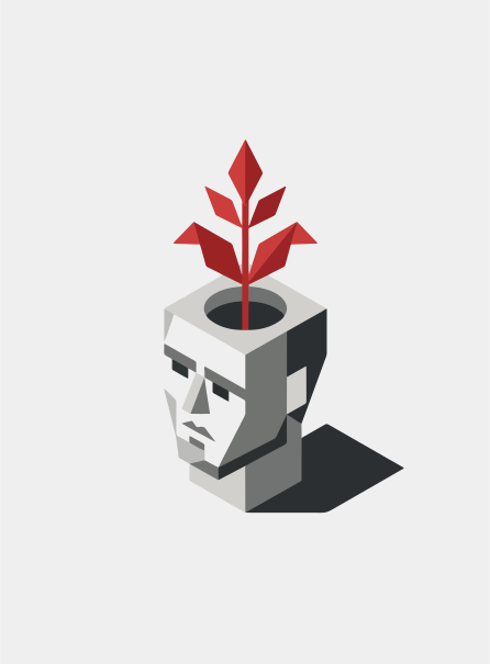 Geometric head sculpture with red plant growing