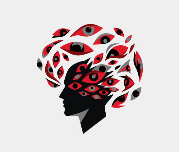 Silhouette of a head with many eyes emerging