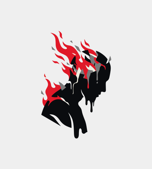 불타는 머리의 실루엣과 물방울 효과