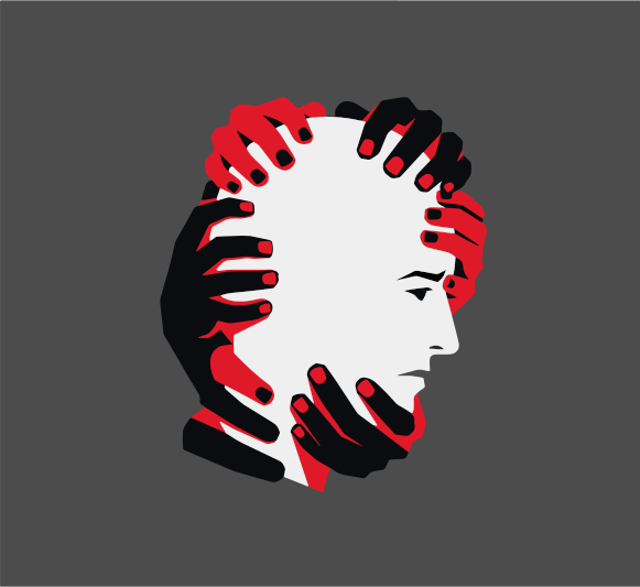 Hands gripping a person's head in distress.