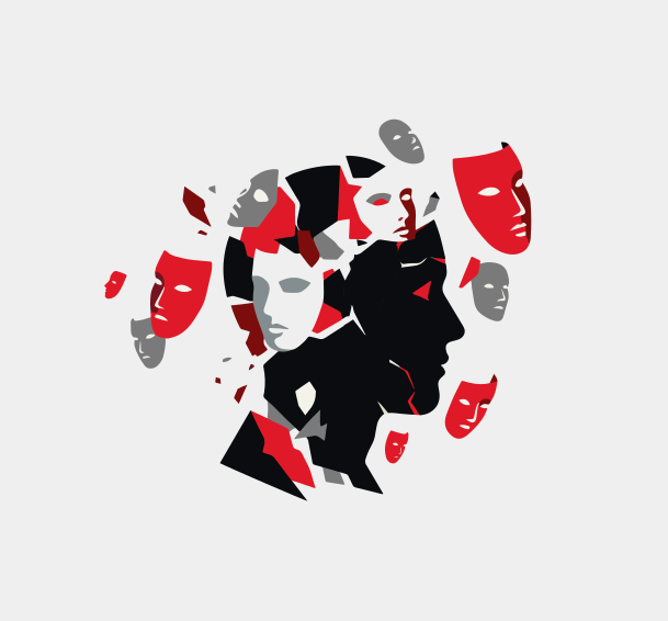 Fragmented human profile with masks exploding masks