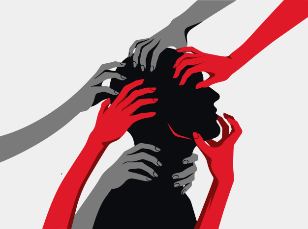 Mehrere Hände greifen eine Silhouette eines Kopfes