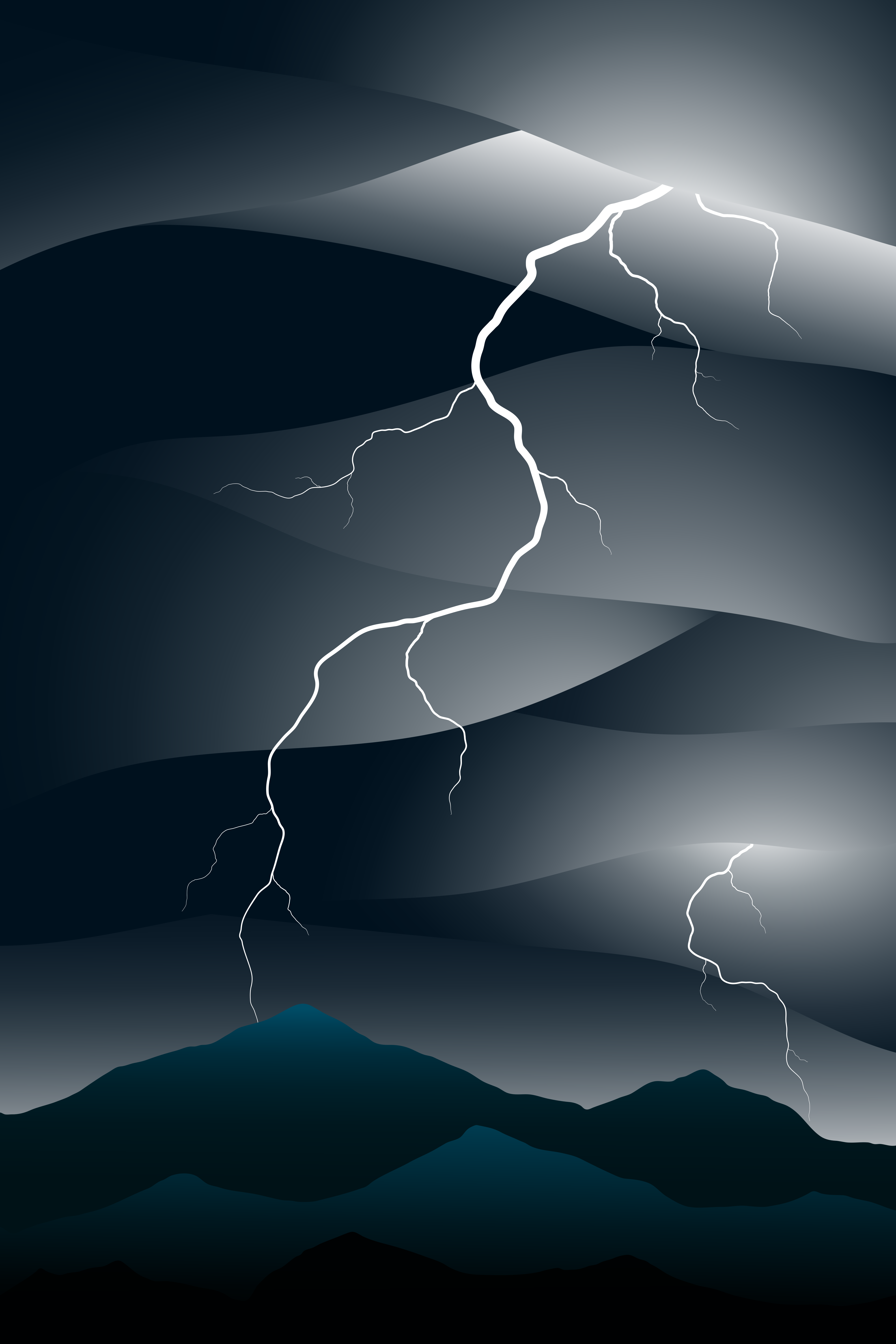 Lightning strikes over dark mountains under stormy skies.