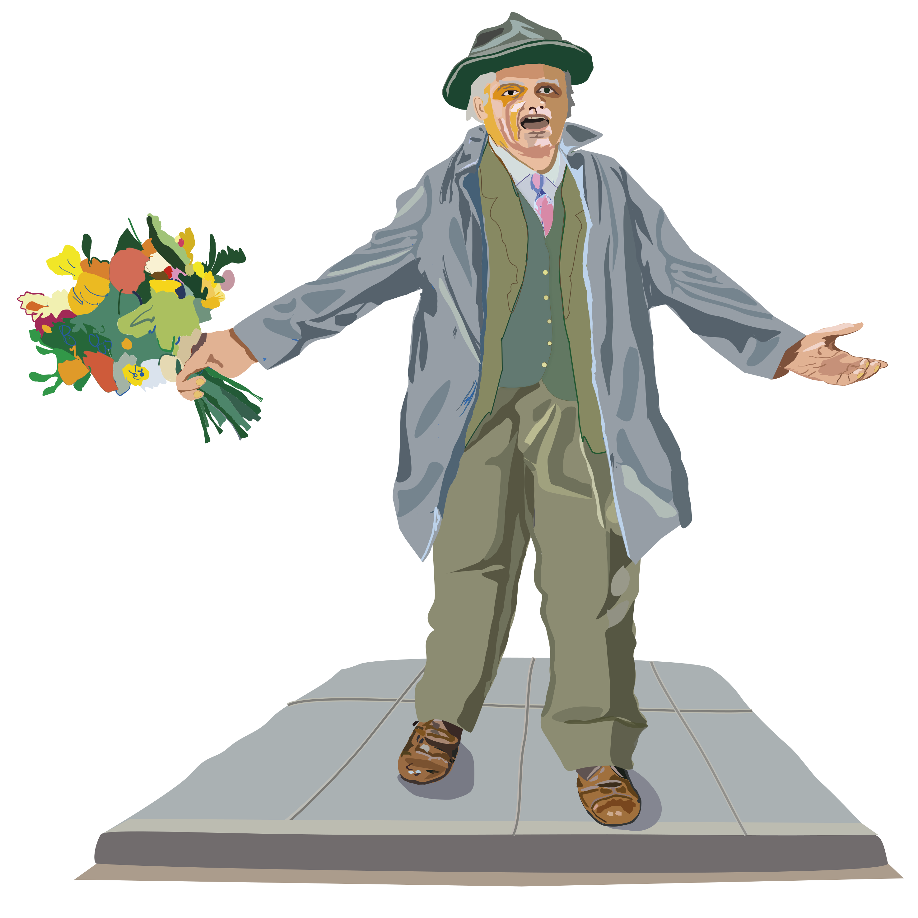 An elderly man in a hat holds flowers