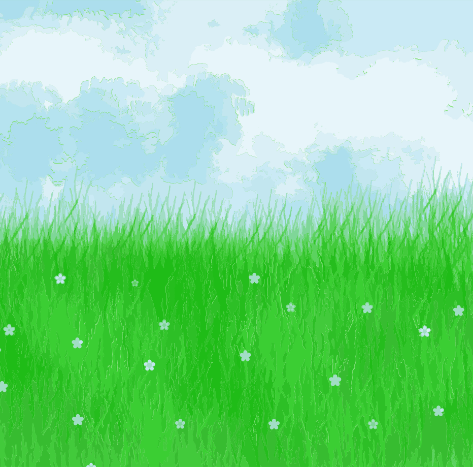 青空の下に小さな白い花が咲く緑の草。