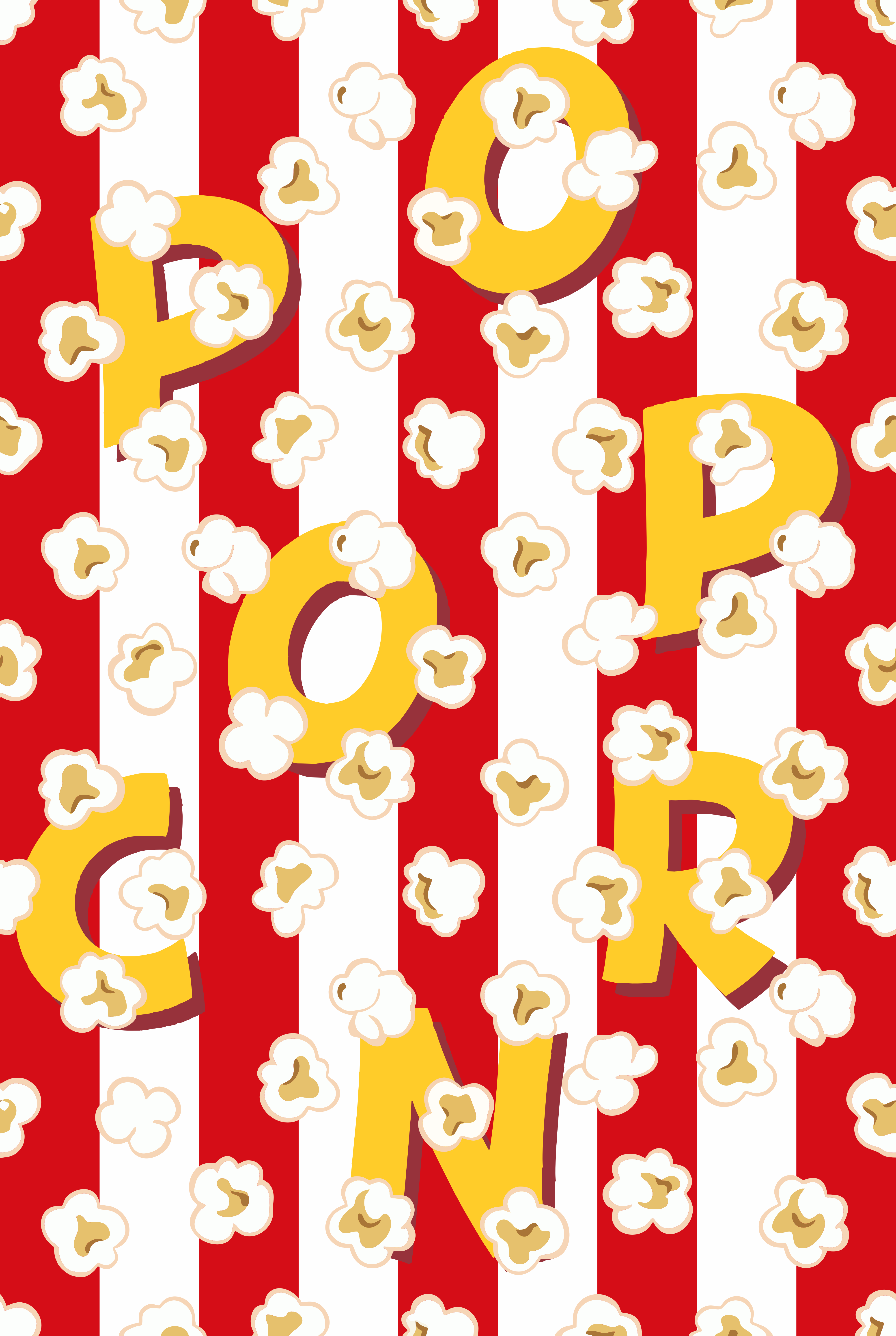 Yellow letters spell popcorn on red and white striped background.