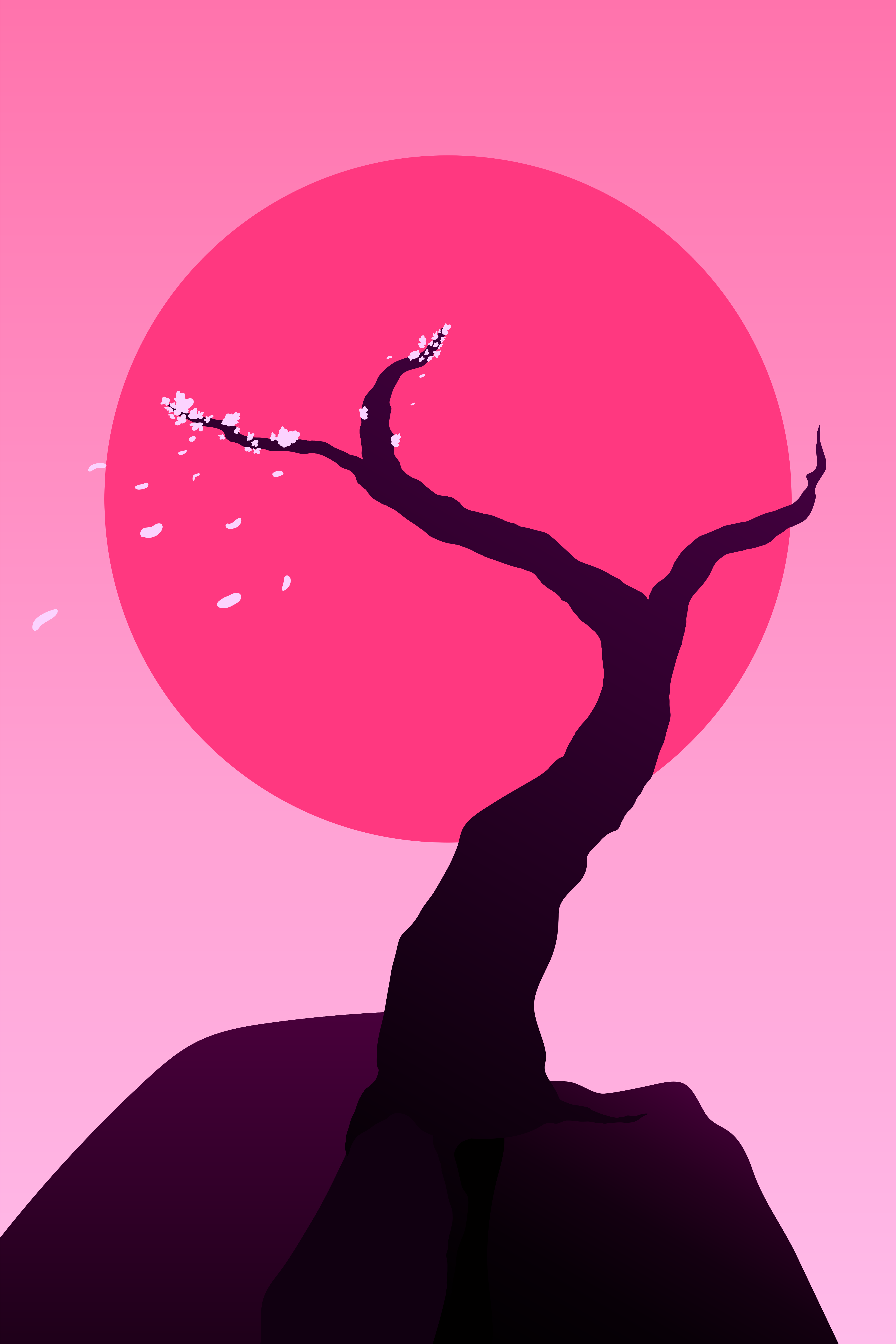 Silhouette eines Baumes vor einer rosa Sonne
