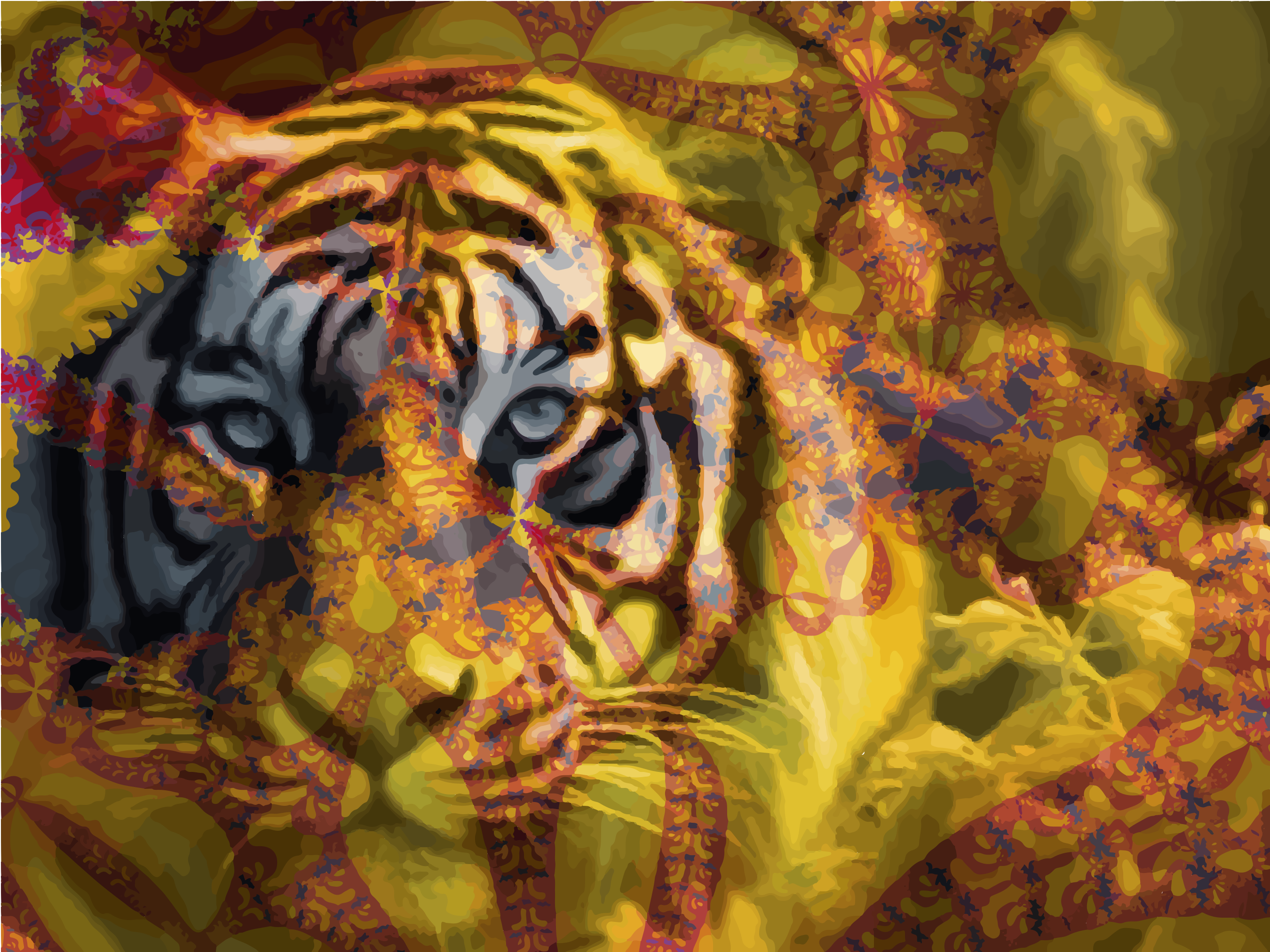 A tiger's face with intricate golden patterns