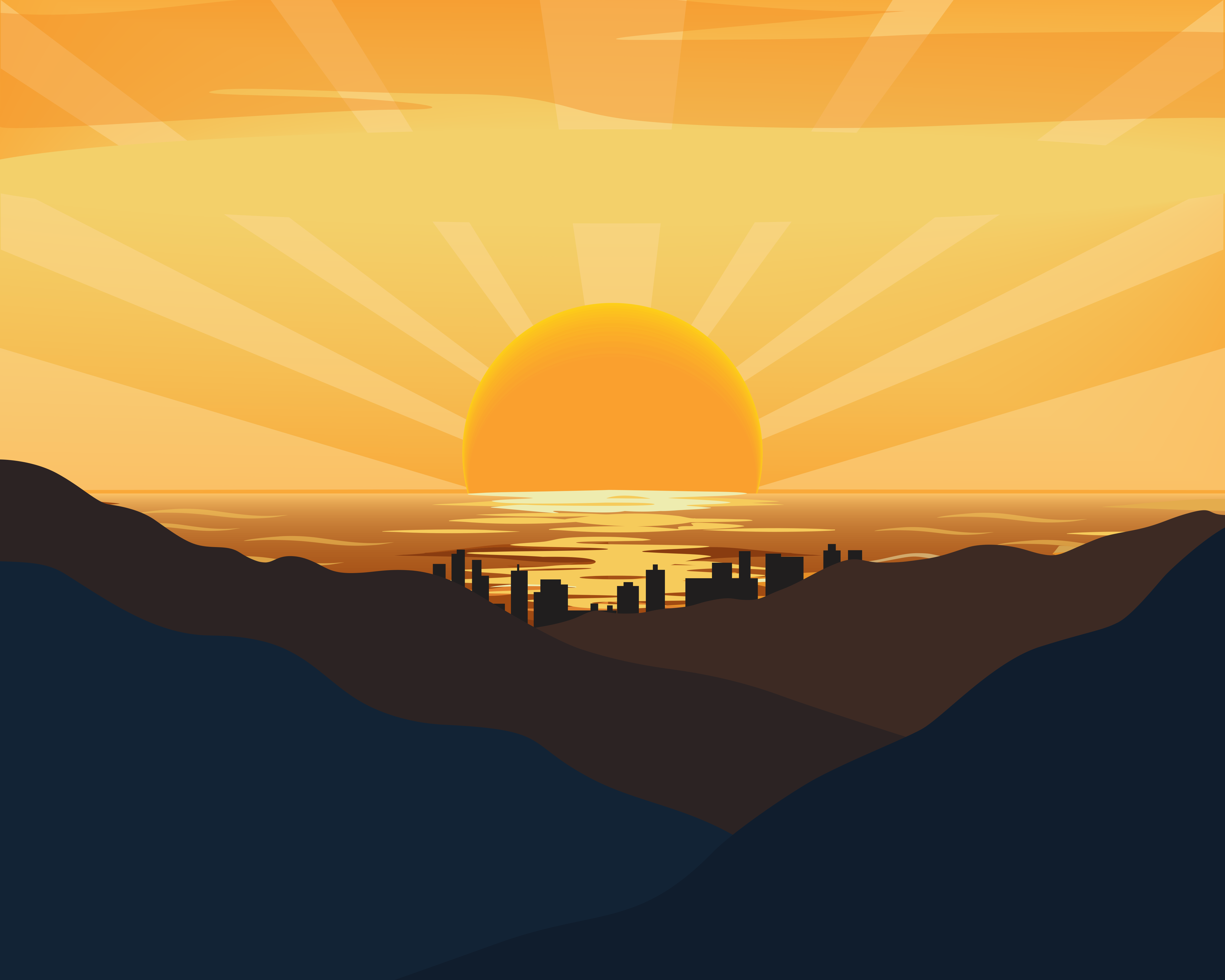 Sunrise over a city skyline behind mountains