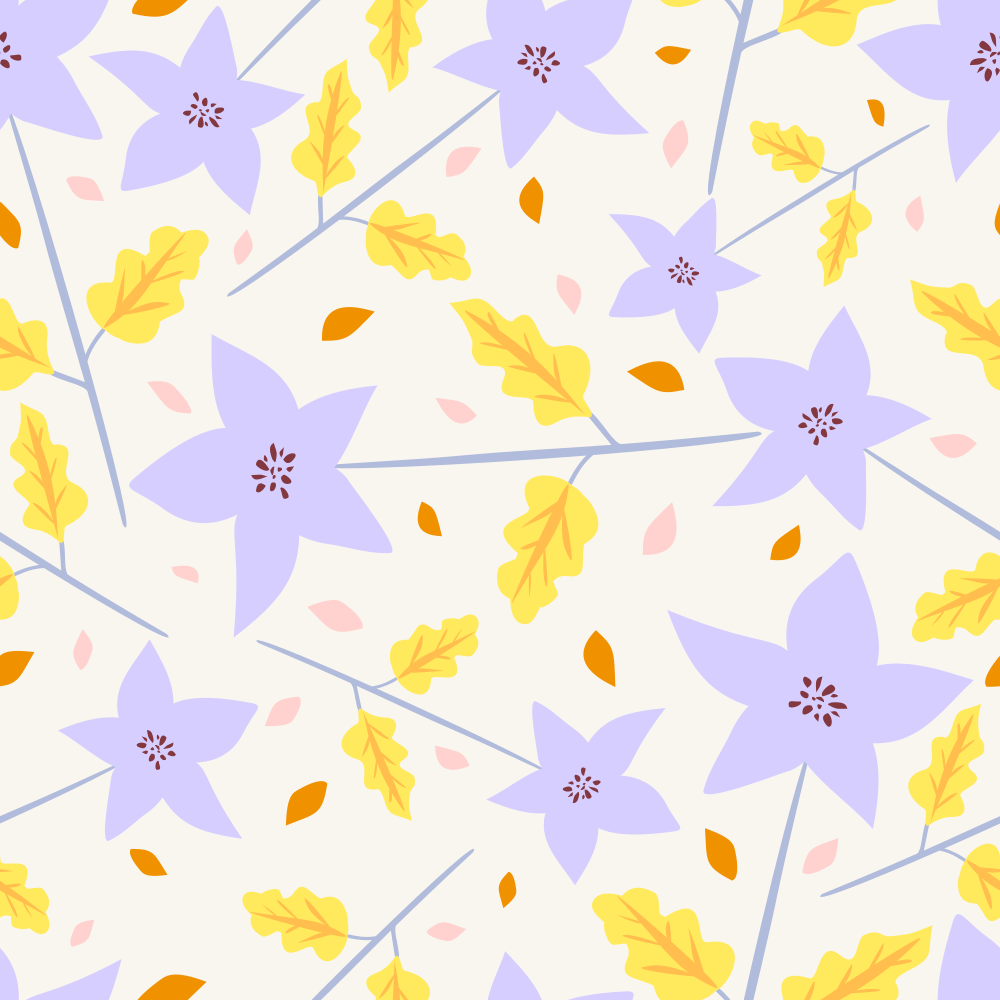 Hellviolette Blüten und gelbe Blätter, nahtloses Muster
