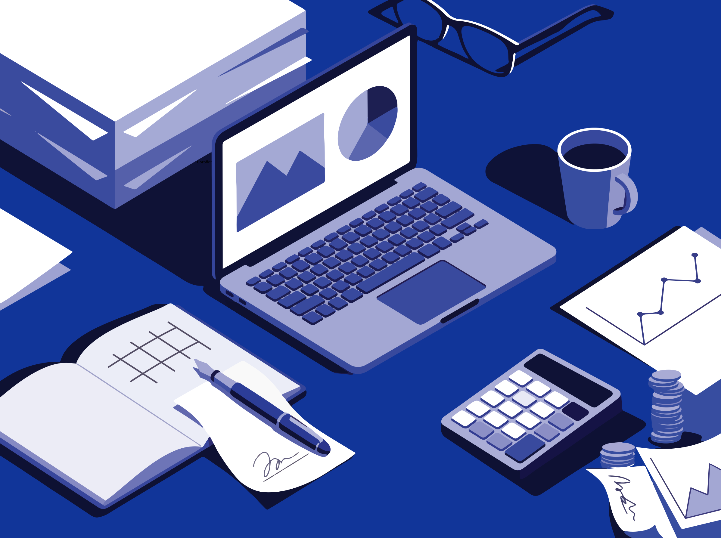 Schreibtisch mit Laptop, Taschenrechner und Papieren.