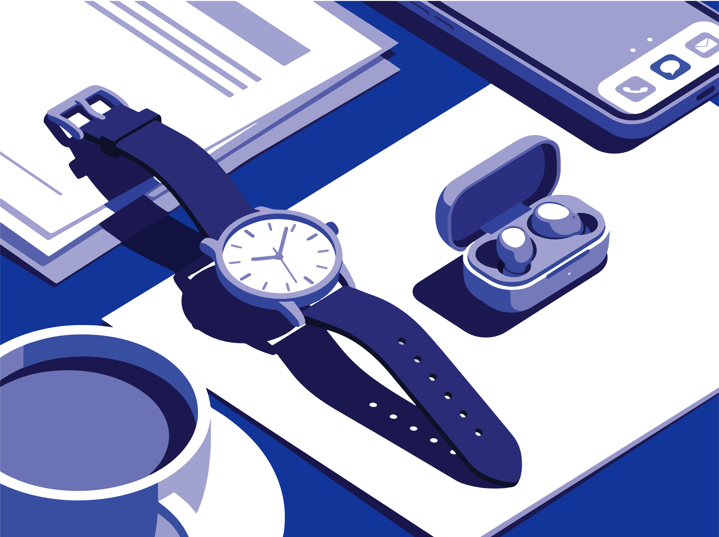 Armbanduhr, Ohrhörer und Handy auf einem Schreibtisch